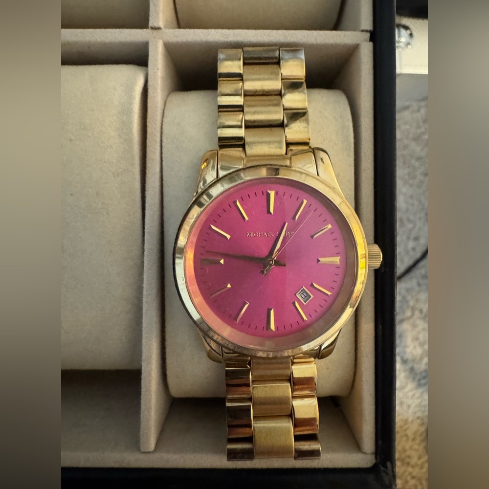 Michael Kors watch hot pink dial face with gold chain